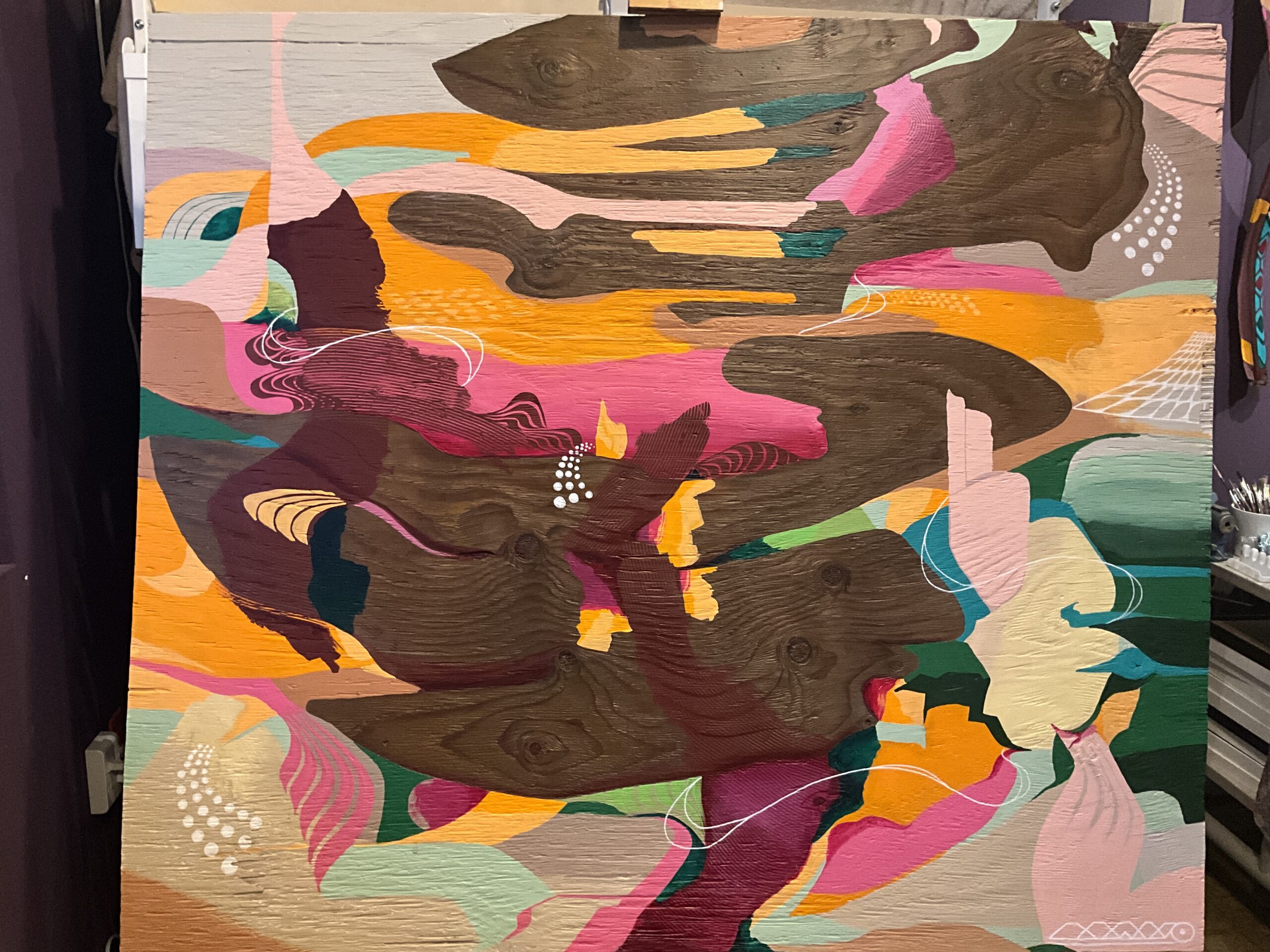 4x5 foot abstract painting on raw plywood showing hidden animal shapes in wood grain